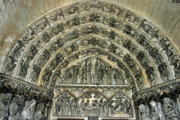 Dormition of Virgin porch of west facade at Cathédrale Notre-Dame. Laon, France.