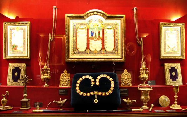 Treaured religious objects in showcase at Tau Palace Museum. Reims, France.