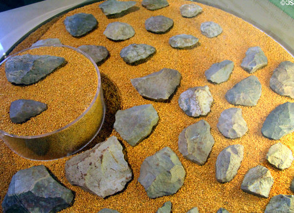 Mid Paleolithic biface tools from local region (c200,000-35,000 years ago) at Archeology Museum of Morbihan. Vannes, France.