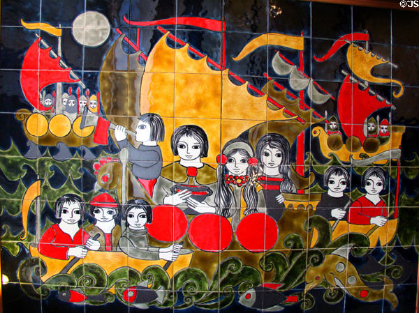 Sailing ships with people of Brittany painting on ceramic tile by Dodik Jégou. St Malo, France.