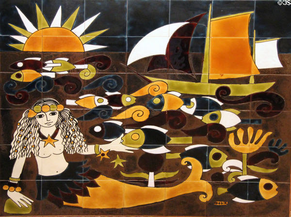 Mermaid & fish in setting sun painting on ceramic tile by Dodik Jégou. St Malo, France.