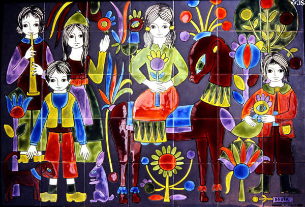 Young woman with flowers sitting on horse surrounded by Breton people painting on ceramic tile by Dodik Jégou. St Malo, France.