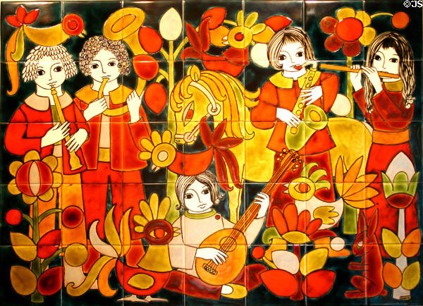 Brittany folk musicians with roosters painting on ceramic tile by Dodik Jégou. St Malo, France.