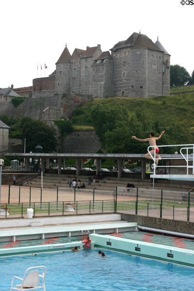 Dieppe Castle overlooking public swimming pool. Dieppe, France.