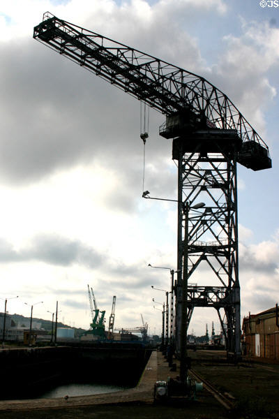 Working cranes by harbor. Dieppe, France.