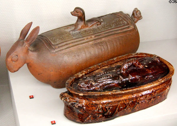 Terra cotta rabbit terrines "gîte à lièvre" (1752 & 18th-19thC) at Museum of Normandy. Caen, France.