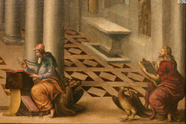 Triumph of the Church with Evangelists Luke & John painting (16thC) by unknown artist of Flanders at Rouen Museum of Fine Arts. Rouen, France.