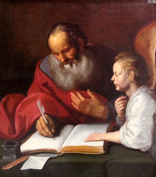 Evangelist Matthew with angel painting (17thC) by Lambert Jacobsz of Netherlands at Rouen Museum of Fine Arts. Rouen, France.