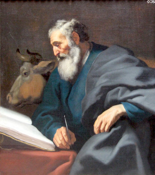 Evangelist Luke with bull painting (17thC) by Lambert Jacobsz of Netherlands at Rouen Museum of Fine Arts. Rouen, France.