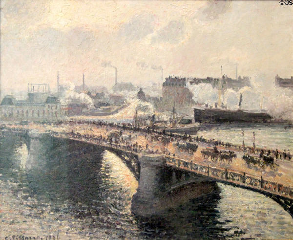 Rouen Boïeldieu Bridge sun setting, misty weather painting (1896) by Camille Pissarro at Rouen Museum of Fine Arts. Rouen, France.