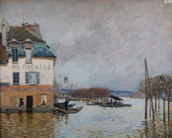 The Bark during flooding at Port Marly painting (1876) by Alfred Sisley at Rouen Museum of Fine Arts. Rouen, France.