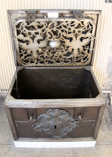 Iron strongbox with two-headed eagles (18thC) from Germanic country at Wrought Iron Museum. Rouen, France.