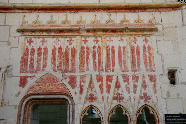 Entrance with three Gothic bays plus wall paintings opening into seigniorial oratory, a private place for dukes during chapel services at Angers Chateau. Angers, France.