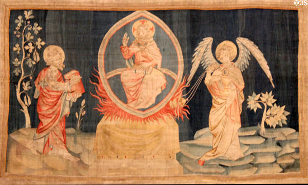 Angel with censer from Apocalypse Tapestry at Angers Chateau. Angers, France.
