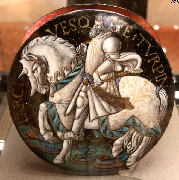 Archbishop Turpin, warrior-bishop from Song of Roland, (1541), enamel paint on copper by Colin Noualhier from Limoges at Angers Fine Arts Museum. Angers, France.