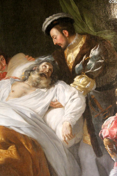 Detail of Death of Leonardo da Vinci in the Arms of François I painting as conceptualized by Ménageot in King's bedchamber in Royal Lodge at Chateau Royal of Amboise. Amboise, France.