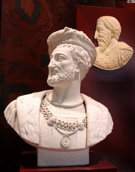 François I portraits bust (1850) by Alfred-Jean-Baptiste Halou & relief (before 1861) after Benvenuto Cellini at Blois Chateau. Blois, France.
