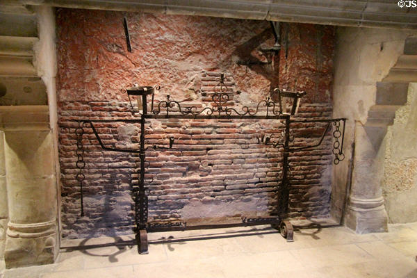 Wrought iron support in fireplace in kitchen at Chenonceau Chateau. Chenonceau, France.