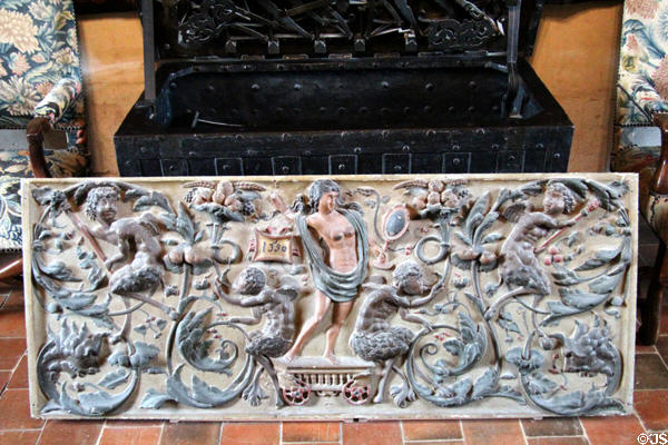 Triumph of Truth sculpted altar front (1530) features half-naked woman standing on chariot at Chaumont-Sur-Loire. France.