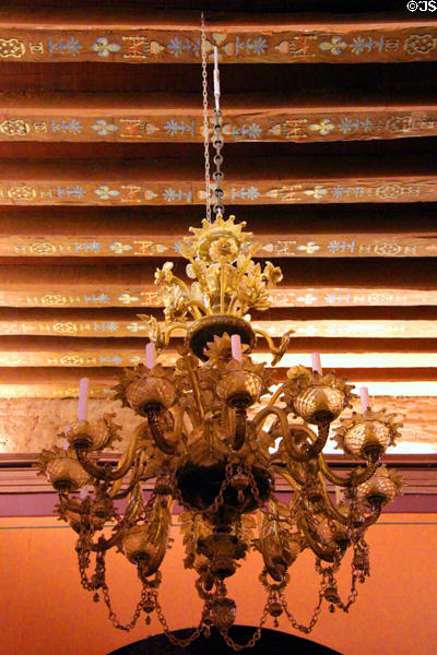 Chandelier & painted ceiling beams of King's room at Chaumont-Sur-Loire. France.