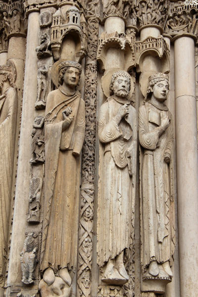Saints carved surrounding doorway at Chartres Cathedral. Chartres, France.