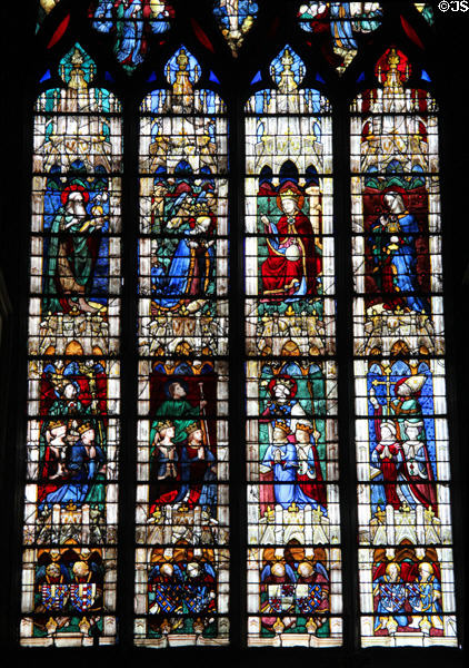 Kings & queens praying in stained glass window at Chartres Cathedral. Chartres, France.