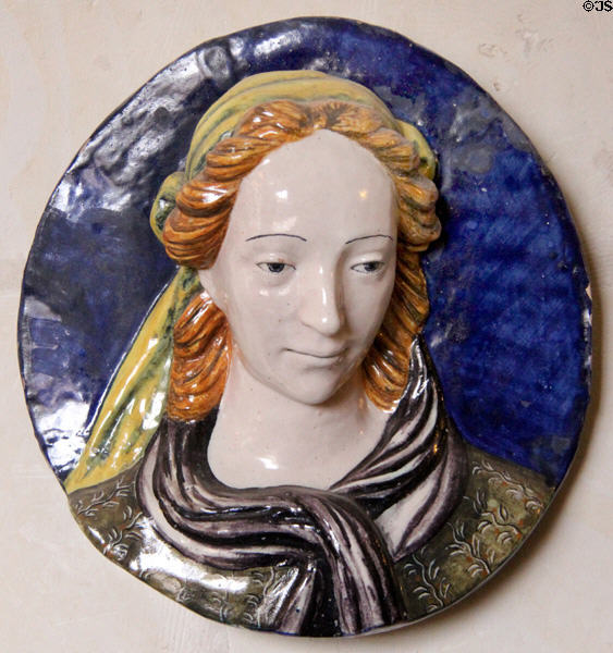 Ceramic female facial relief (19thC) from Italy at Chateau D'Ussé. Ussé, France.