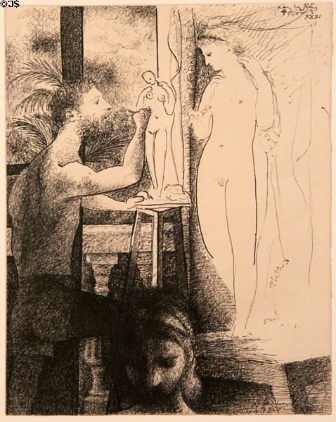 Sculptor & his Model (Le Sculpteur et son modèle) pen & ink on paper (1931) by Pablo Picasso at Picasso Museum. Antibes, France.