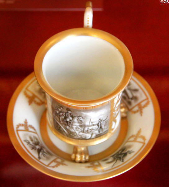 Cup & saucer depicting Napoleon on campaign, Sevres porcelain, 1st Empire at Masséna Museum. Nice, France.