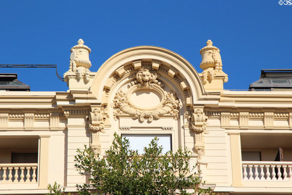 Ornate plaster work on upper story of building along Promenade du Paillon. Nice, France.