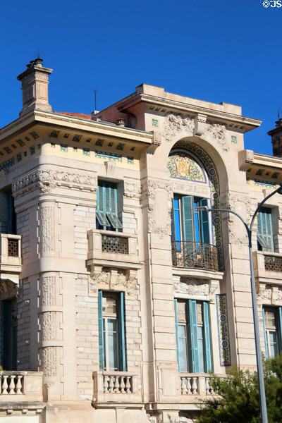 Facade of ornate building along Promenade du Paillon. Nice, France.