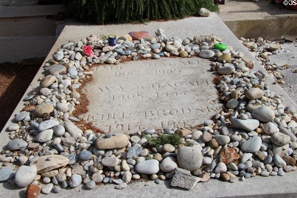 Grave of Marc Chagall surrounded by stones placed by visitors. St Paul de Vence, France.