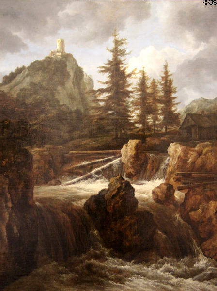 Countryside with waterfall painting (c1660) by Jacob van Ruisdael at Beaux-Arts Museum. Lyon, France.