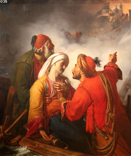 Wounded Greek Officer under Walls of Attacked City painting (1826) by Claude Bonnefond at Beaux-Arts Museum. Lyon, France.
