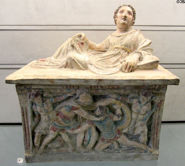 Etruscan terracotta painted funerary urn with combat scene (2ndC BCE) at Beaux-Arts Museum. Lyon, France.