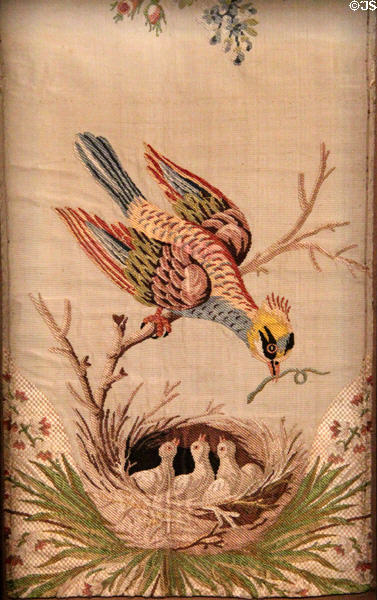 Bird at nest woven silk hanging (1785-7) by Maison Gros et Co. at Musées des Tissus. Lyon, France.