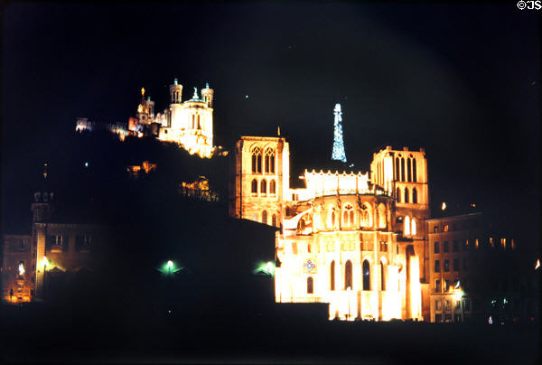 Night view of Fourvière Hill & cathedral. Lyon, France.