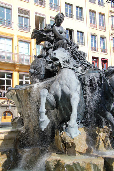 Horse & symbolic France figure on Bartholdi fountain at Place des Terreaux. Lyon, France.