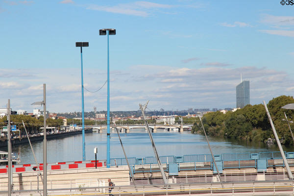 View up Rhône River from Musée des Confluences. Lyon, France.