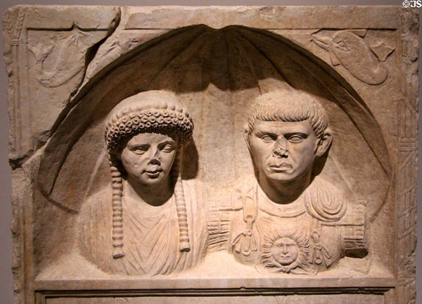 Detail of Roman marble stele with figures & epitaph of Licinia Flavilla & Sextus Adgennius Macrinus (end 1st - early 2ndC) from Nimes house beside amphitheater at Musée de la Romanité. Nimes, France.