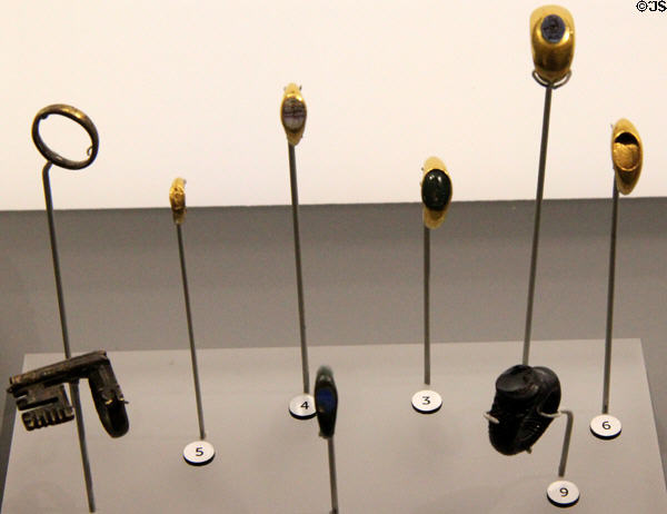 Collection of Roman gold & bronze rings (c1st-2ndC) at Musée de la Romanité. Nimes, France.