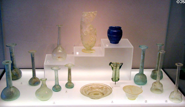 Collection of Roman-era glass at Arles Antiquities Museum. Arles, France.