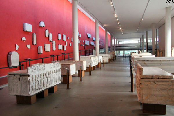 Gallery of marble monuments at Arles Antiquities Museum. Arles, France.
