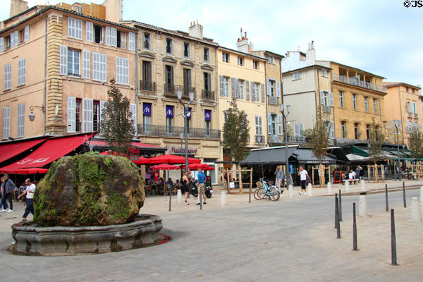 Plant covered rock fountain on Cours Mirabeau, a main promenade. Aix-en-Provence, France.