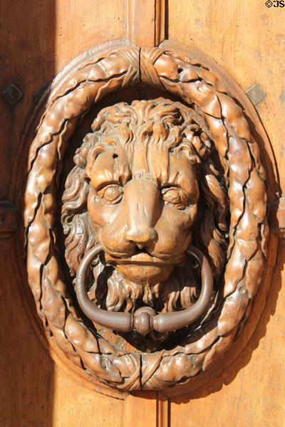 Door knocker with lion of Aix-en-Provence city hall. Aix-en-Provence, France.