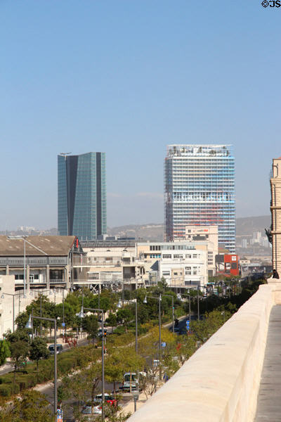 Modern highrise towers beyond port of Marseille. Marseille, France.
