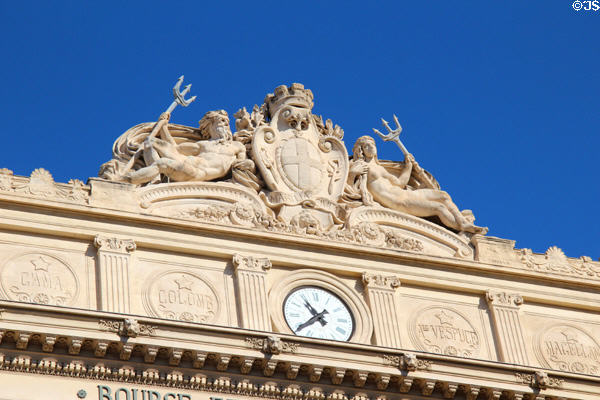Sculpted symbols of oceans & Mediteranean atop Palais de la Bourse. Marseille, France.