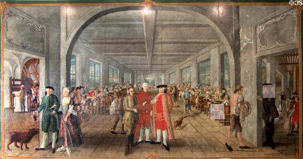 Cloth printing workshop tableau (c18thC) at Orange museum of art & history. Orange, France.