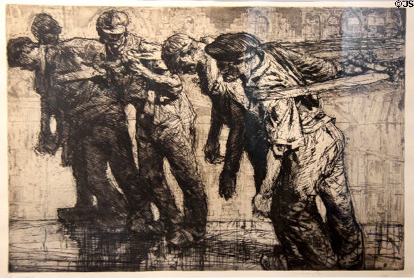 Men hauling on rope engraving (1906) by Frank Brangwyn at Orange museum of art & history. Orange, France.