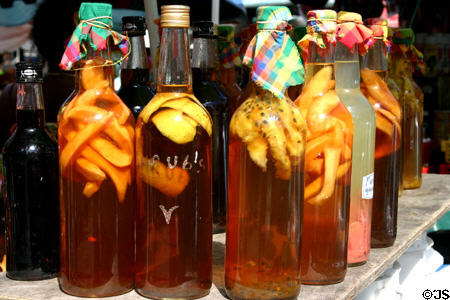 Fruit flavored liquors in St Antoine Central Market. Pointe-à-Pitre, Guadeloupe.
